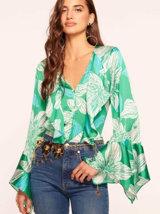 Ramy Brook Tops - NWT Ramy Brook Savanna Lily Print Ruffle Button Front Blouse L Coastal $365